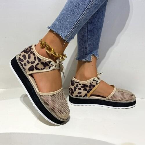 Thick-Soled Sandals 2021 New Leopard-Print Mesh Single Shoes Womens Large Size Round Toe Front Lace Casual Hollow Roman Style