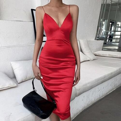 Woman Dress 2021 Women Deep V-neck Spaghetti Strap Solid Color Sling Satin Bodycon Dress Midi Dress Sundress for Cocktail Party