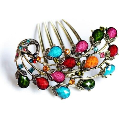 Trendy Resin&Crystal Rhinestone Peacock Hair Combs Antique Bronze Hair Clips Hairpins Headdress Exquisite Hair Jewelry Women Hot