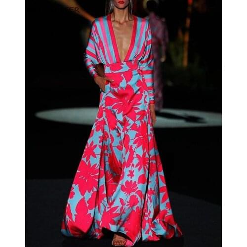 Women Dress Autumn Casual Floral Printed Long Sleeve Deep V-neck Dress 2020 Vintage Ladies Sexy Clubwear Party Long Dresses Robe