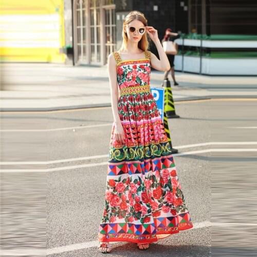High Quality New 2017 Designer Summer Dress Womens elegant Spaghetti Strap Colorful Button Red Rose Flower Floral Floor Length