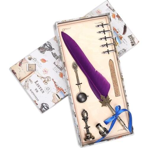 12 Colors Vintage Feather Fountain Pen Metal Nibs Dip Ink Writing Tool Set Stationery Gift Box With 6 Nib Collectable Supplies