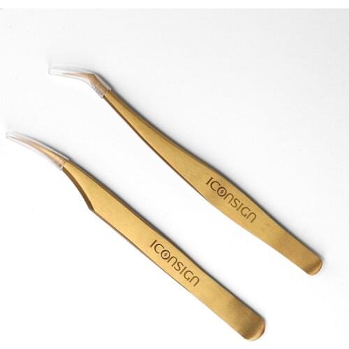 2 pieces/set High Quality eyelash Stainless Steel Tweezers High Tigthness Gold Anti-static Curved/Bent Curler make up tools