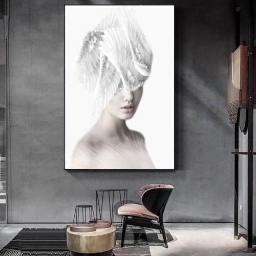 Abstract Beautiful Angel Art Canvas Painings Feather Woman Modern Posters and Prints Wall Art Picture for Living Room Home Decor