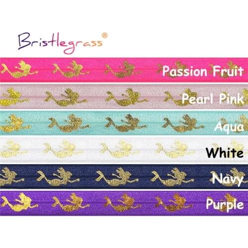 BRISTLEGRASS Combo 6 Yard 5/8" 15mm Gold Mermaid Foil Print Foldover Elastic FOE Spandex Band Tape Hair Tie Headband Sewing Trim