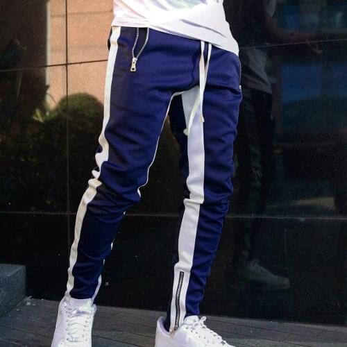 Men Sport Pants Stylish Color Block Zip Pockets Drawstring Sports Skinny Pants Trousers Sweatpants Workout Long Straight Pants