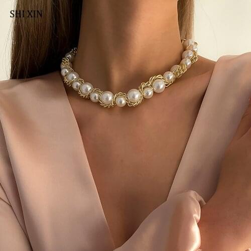 SHIXIN Elegant Short Pearl Choker Necklace for Women Trendy Collar Wedding Necklaces Neck Jewelry Fashion Bride Accessories Gift