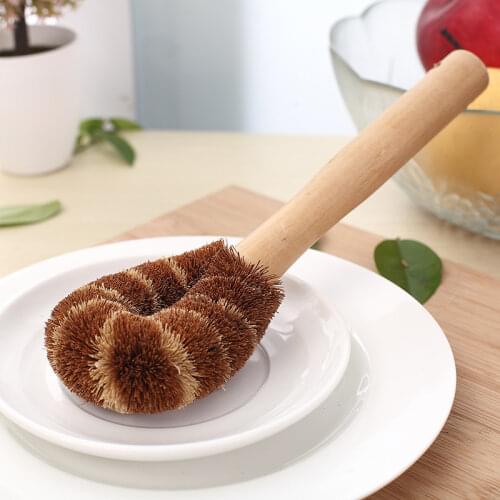 Wooden handle pot dishwashing brush Non-stick oil coconut palm bowl cleaning brush Kitchen wash bowl dishwashing brush