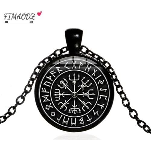 FIMAODZ Vegvisir Viking Compass Necklace Amulet Talisman Glass Cabochon Pendant Black Chain for Men Jewelry