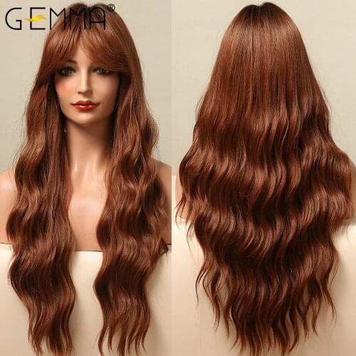 GEMMA Long Water Wave Synthetic Wigs Omber Brown Red Copper Wig with Bangs for Women Afro Cosplay Daily Heat Resistant Fiber