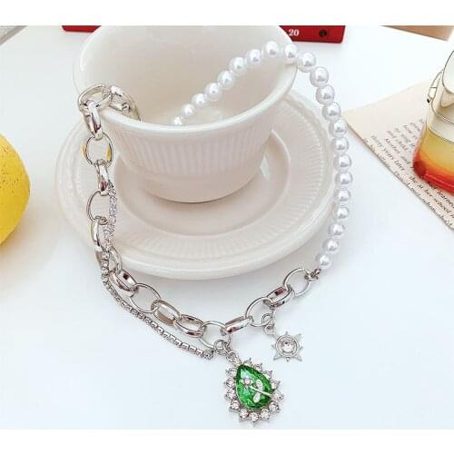 HANGZHI 2021 NEW Simple and light luxury style pearl stitching necklace inlaid with green zircon fashion jewelry
