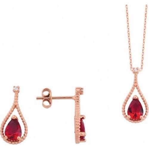 Magümüş Tiny Water Drop Red Quartz Silver Necklace Earrings Set Suit
