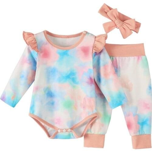 Infant Summer Baby Clothes Suit 3 Pieces Kids Suit Set Cute Tie-Dye Round Neck Long Sleeve Baby Romper+ Pants+ Headband