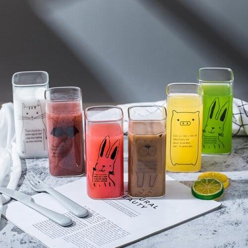 Cartoon Square Glass Cup 400ml Cartoon Pig Cat Dog Fox Transparent Glass Coffee Milk Juice Drinking Cup Drinkware