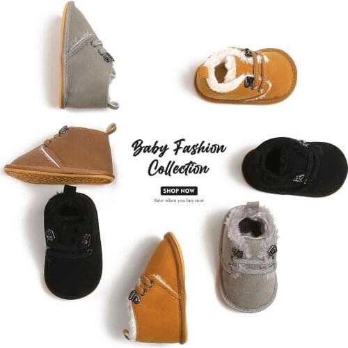 Newborn Baby Booties Casual Shoes Winter Warm Fur Lining Suede Non-Slip Rubber Sole Boots Infant Solid Prewalkers