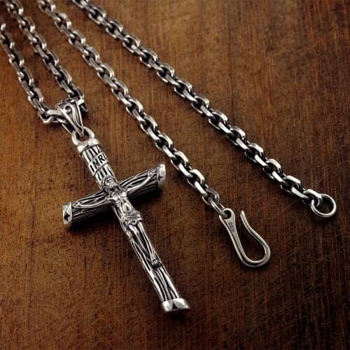 Pure 100% 925 Sterling Silver Christian Necklace Pendant for Men Fashion Jewelry Crucifix Jesus Cross Letter Necklace Pendant