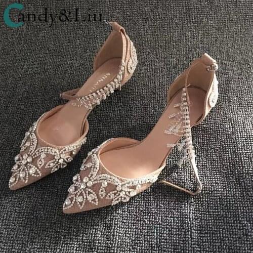 Female Crystal Sandals Stone Tassel Colors Customized Personalized Bling Pointed Toe Buckle Strap Lady Date Fashion Shoes