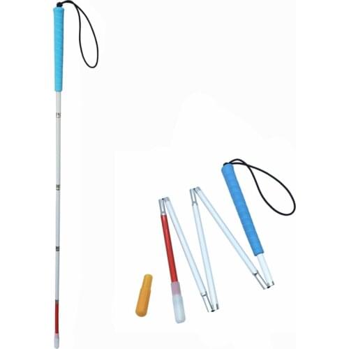 Blue Handle, 105-155cm Aluminium Folding Walking Stick for Blind and Visually Impaired, White Cane , Reflective Red & White