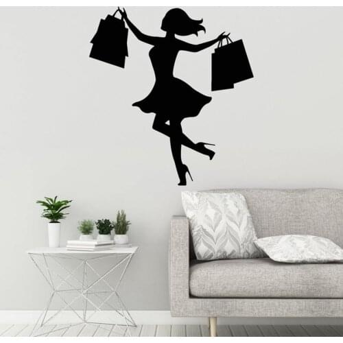 Vinyl Wall Decal Silhouette Shopping Girl Woman with Bags Stickers Mural for the Mall Shop Market Window Glass Decoration S572