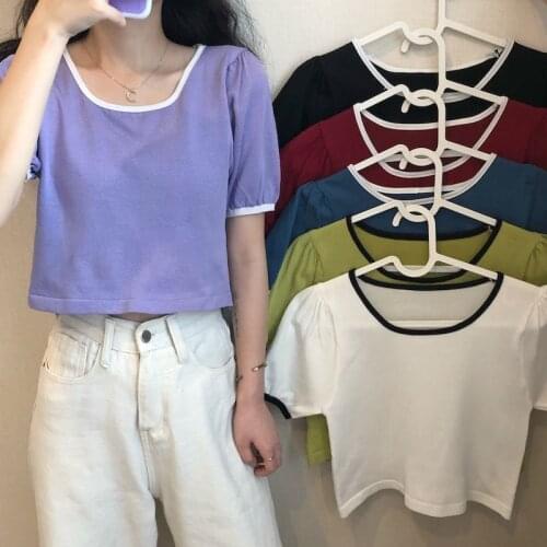 Square Collar Short Sleeve T Shirt Design Female Summer 2021 New puff Sleeve Knit Color Tall Waist Tops Women Clothing Wholesale