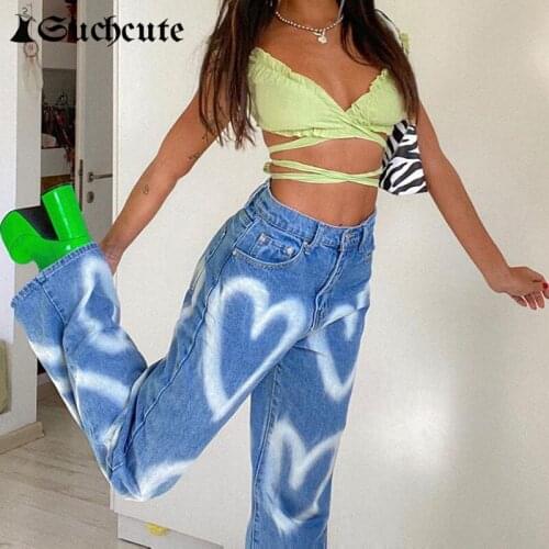 SUCHCUTE y2k Aesthetics Heart Print Womens Jeans Pants High Waist Female Straight Trousers Streetwear 90s Casual Outfits
