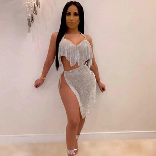 Summer Sexy 2 Piece Set Women Sequin Party Club Skirt Suits Outfits Halter Crop Top and Mini Skirt Two Piece Set Women Partywear