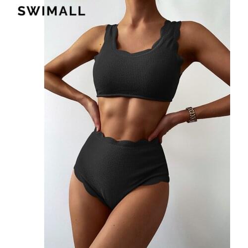 Scallop Trim High Waist Bikini Swimsuit Women Swimwear Push Up Bikini Set Lace-up Bathing Suit Beach Wear Bather Biquini Female