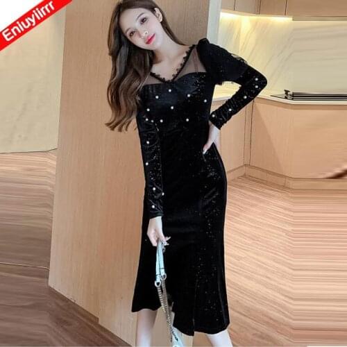 Women 2021 New Year Winter Spring Patchwork Sexy Sheer Mesh Beading Bling French Black Long Elegant Party Dress
