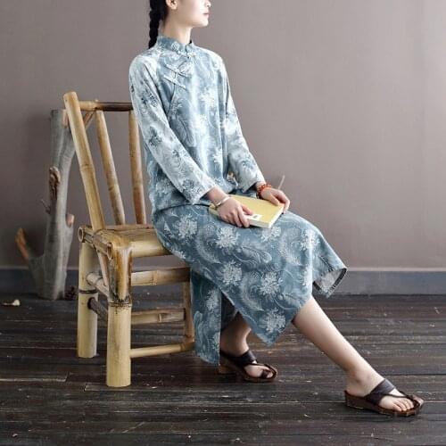 Women Loose Printed Patchwork Qipao Dress Ladies Cheongsam Dress Female 2021 Retro Chinese Style Dress Spring Autumn