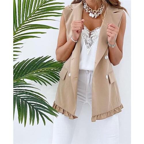 ZXQJ Women 2021 Fashion Ruffled Double Breasted Vest Coat Vintage Lapel Collar Sleeveless Female Waistcoat Chic Tops