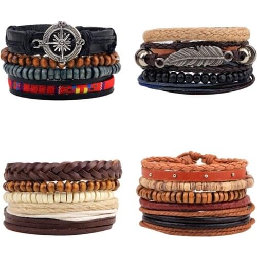 4pcs/set Handmade Boho Gypsy Hippie Black Leather Rope Cord Brown Hamsa Wing Charm Layers Men Bracelet For Women Jewelry