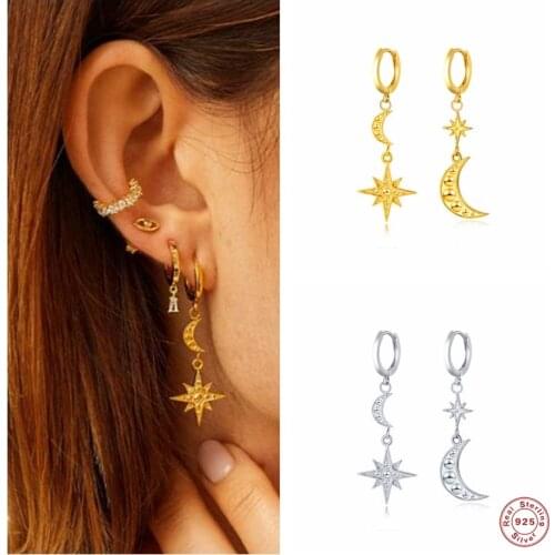 Aide 925 Sterling Silver Asymmetric Cubic Zirconia Jeweled Star Moon Pendant Dangle Earrings For Women Circle Drop Earring Gift