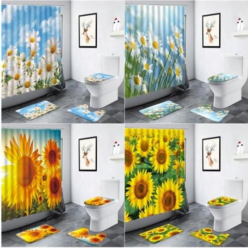 Flowers Daisy Sunflower Shower Curtain Set Rural Floral Green Plants Scenery Bathroom Decor Rug Non-slip Carpet Toilet Bath Mats