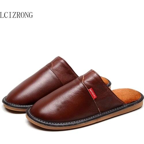 LCIZRONG Home Slippers for Women Plush Warm Woman/Men Sewing Genuine Leather Unisex Waterproof House Slippers Big Size 35-44