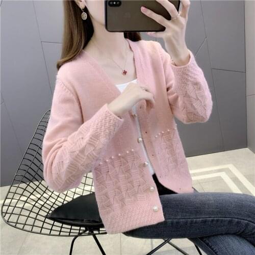 Room 211541, row 4, No. 2 (top)] real shooting, V-neck nail bead solid color knitted cardigan [3500] 49