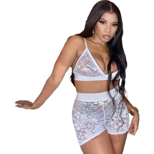 Summer 2021 Lace 2 Piece Set Sexy Deep V Neck Backless Crop Top + Shorts See Through Bodycon Night Club Two Piece Set Outfits