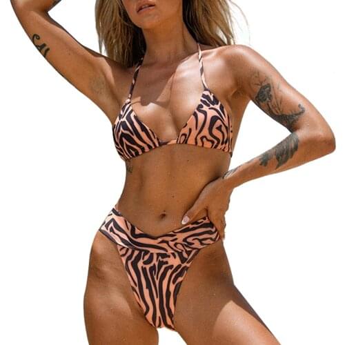 Zebra-stripe Print Two Piece Swimwear 2Pcs Women Bathing Suits Adults Tie Up Halter Bikini Top High Waisted Thong Bathing Suit