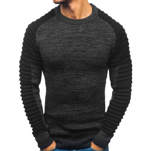 Mens Fashion O-neck Rotator Cuff Striped Pleat Matching Color Pull-over Sweater