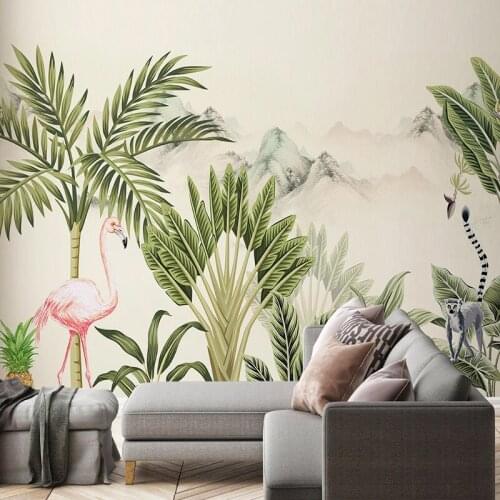 Custom Mural Wallpaper Modern 3D Flamingo Hand Painted Tropical Rainforest Plant Landscape Background Wall Painting Home Decor