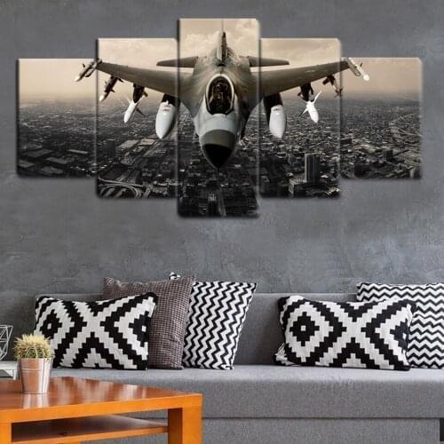 Poster 5 Panel Canvas Painting Stealth Fighter Fighting Over the City Nordic Living Room Home Decoration Wall Art