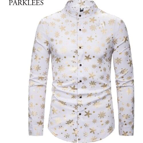Shiny Christmas Men Shirt Standing Collar White Shirt Men Fashion Bronzing Snowflake Mens Shirts Casual Slim Fit Men Long Sleeve