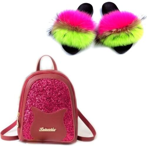 Womens Summer Fox Fur Slides Cute Sequins Bling Backpacks Ladies Furry Slippers Girls Shoes Bag Sets Plush Sandals Schoolbag