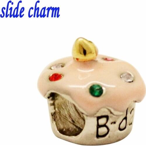 Slide charm Free shipping Childrens charm pink baby crystal cake charm beads fit Pandora bracelet