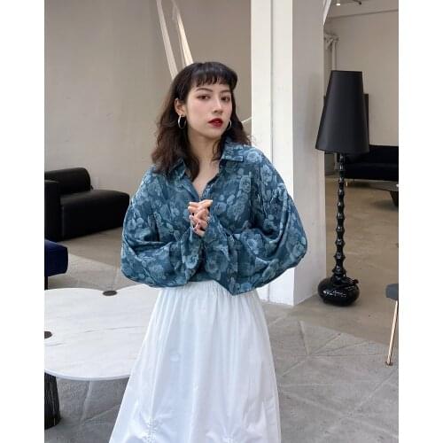 Style Long Sleeve floral shirt womens print loose design draping ancient style top 0421