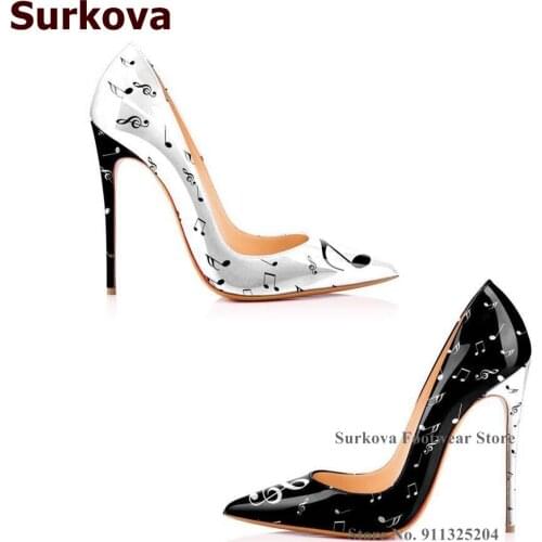 Surkova Music Notes Printed High Heel Shoes White/black Patchwork Patent Leather Shallow Pumps 12cm 10cm 8cm Slip-on Shoes US13