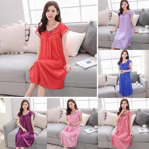 Womens Pajamas High Quality Summer Ice Silk Satin Nightdress Lace Short-Sleeve Sleepwear Sexy Backless Plus Size Home Clothes