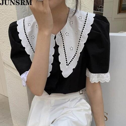 Sexy Lace Hook Flowers Short Sleeve Shirt Women 2020 Summer New Retro Single Breasted Korean Chic Blouse Vintage Loose Shirts