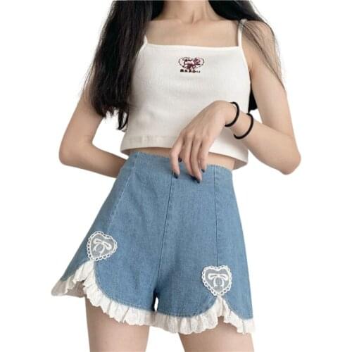 NYOOLO Harajuku Japan Style Cute Love Bow Lace Patchwork Wide Leg Denim Shorts Women Summer Kawaii Girls Clothes School Uniform