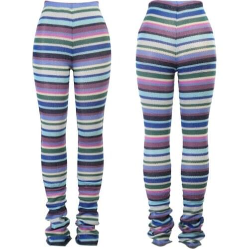 Women High Waist Knitted Long Pants Multicolor Striped Hipster Skinny Pleated Stacked Trousers Vintage Bell Bottom Crochet