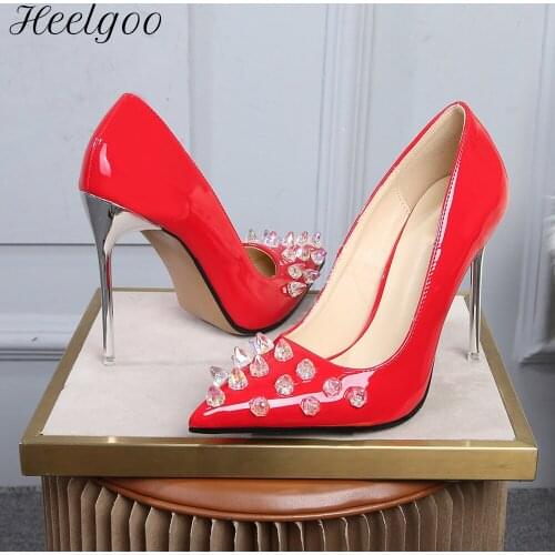 Heelgoo Crystal Rivets Women Pointed Toe Slip On 11cm High Heel Shoes Gorgeous Ladies Stiletto Pumps Large Size 35-46 Red Black